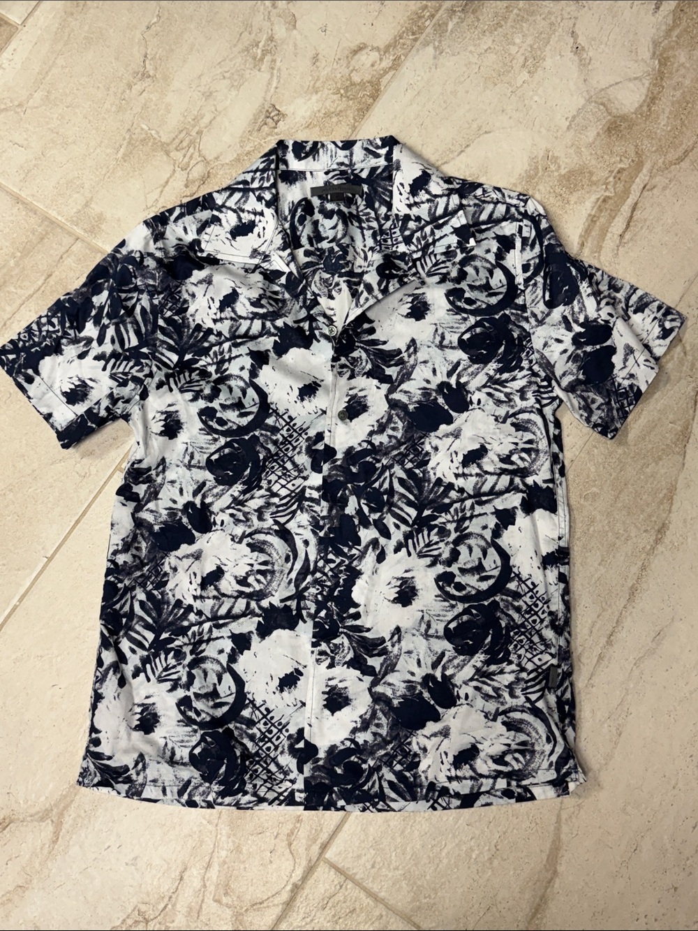 John Varvatos Navy and White Short-Sleeve Printed Camp Shirt
